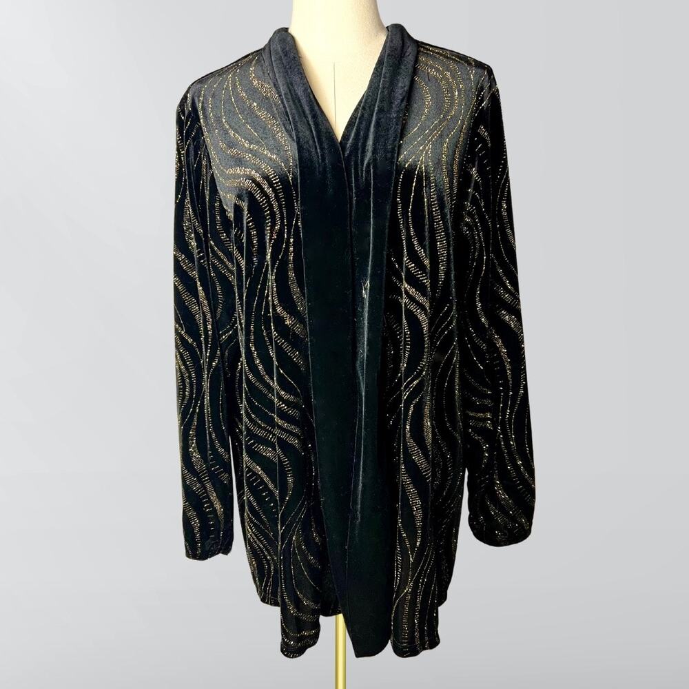 Vintage Notations Velvet Black & Woven Gold Threaded Kimono Cardigan Jacket